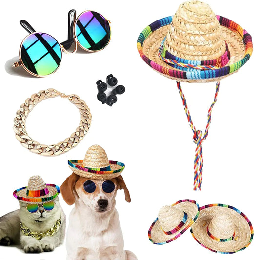 Pet Fiesta Fashion Kit: Mini Sombreros, Chic Sunglasses & Stylish Gold Chain