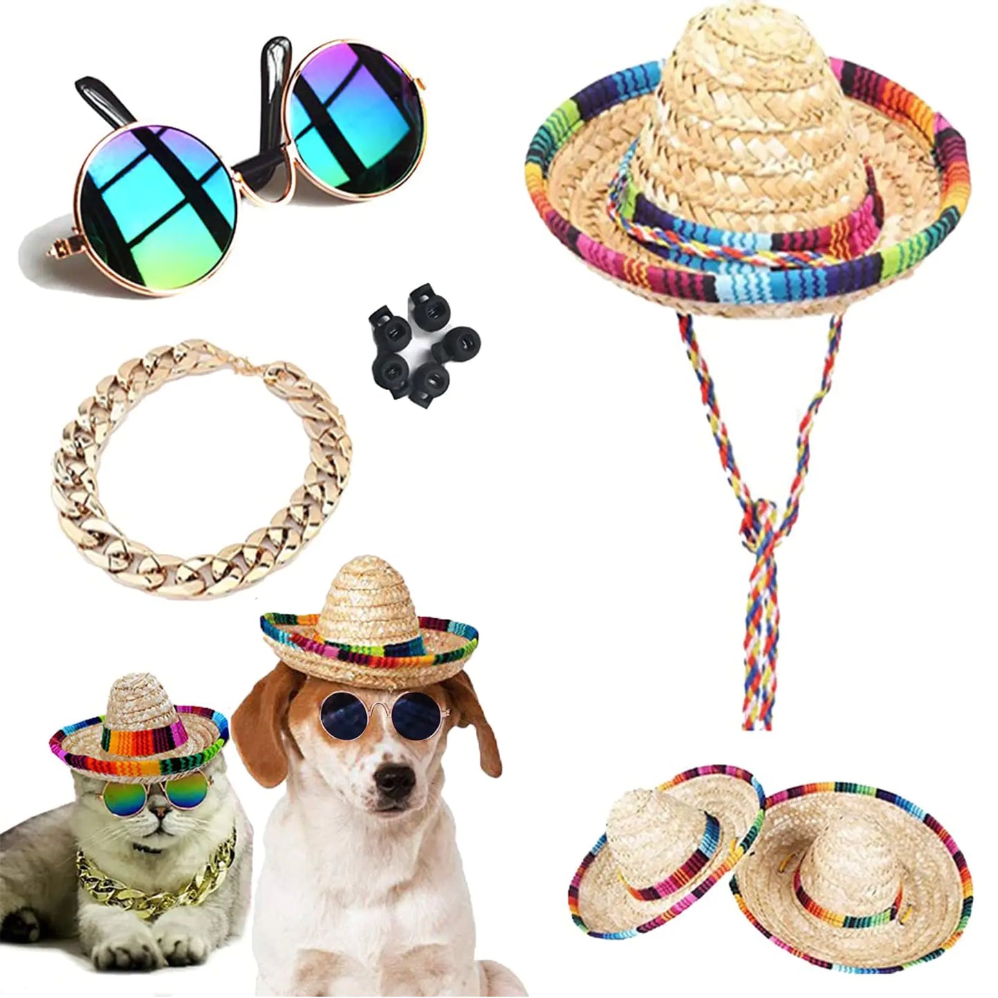 Pet Fiesta Fashion Kit: Mini Sombreros, Chic Sunglasses & Stylish Gold Chain